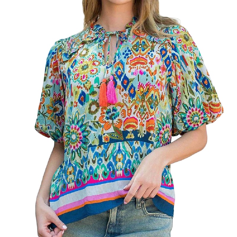 Smocked Tassel Tie Top