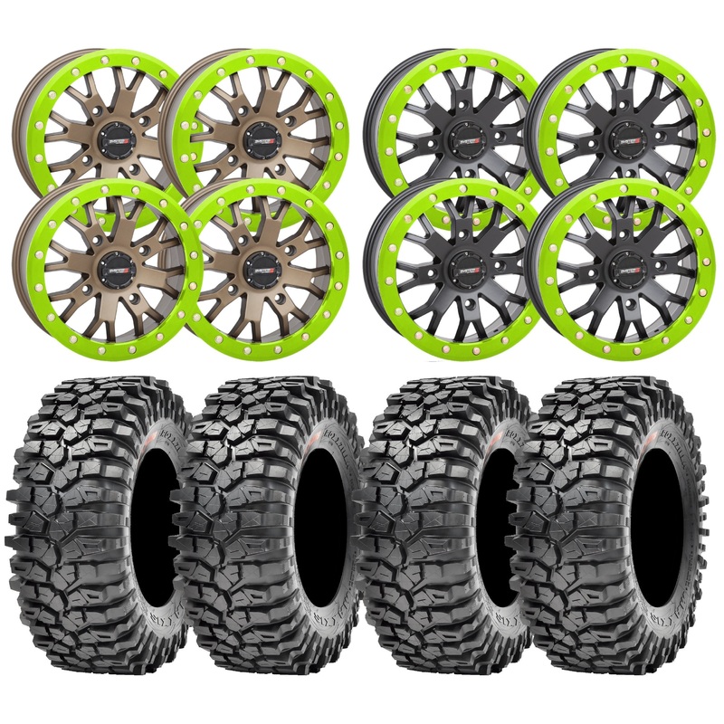 System 3 SB4 Beadlock Matte Black Or Bronze Mounted on Maxxis Roxxzilla  Custom Lime Squeeze Rings (4/156 Bolt Pattern)