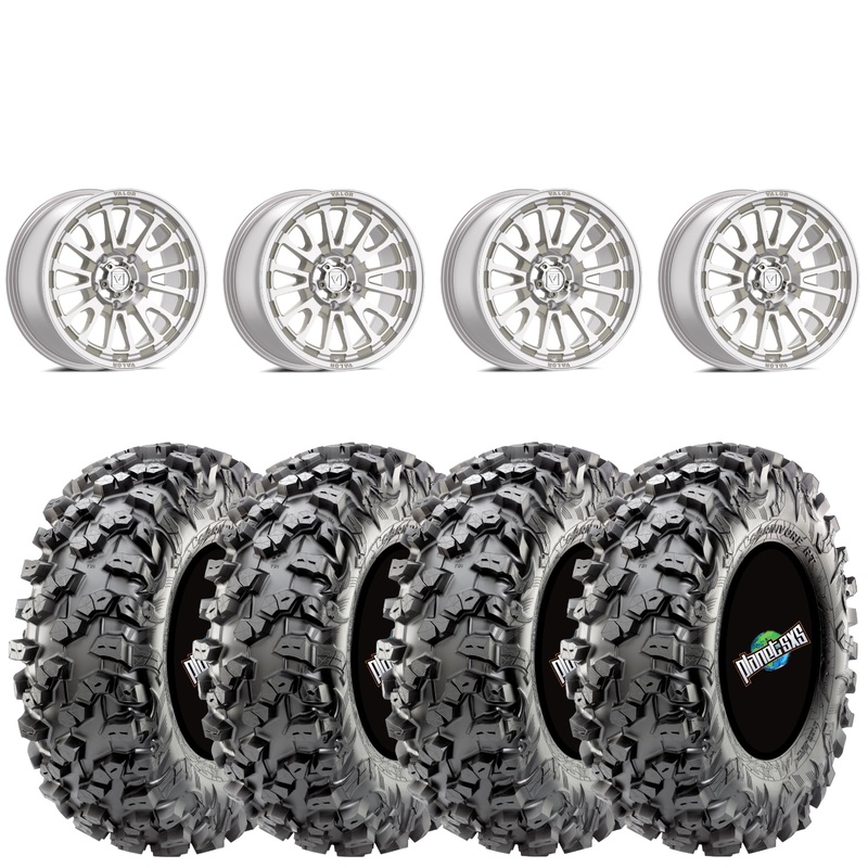 Valor V14 Raw Machined 15×7 5+2 4X156 on Maxxis Carnivore RT 32×10-15 8-ply
