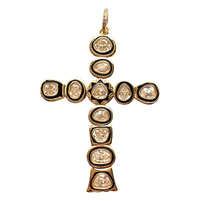 Rose Cut CZ Black Enamel Cross Pendent