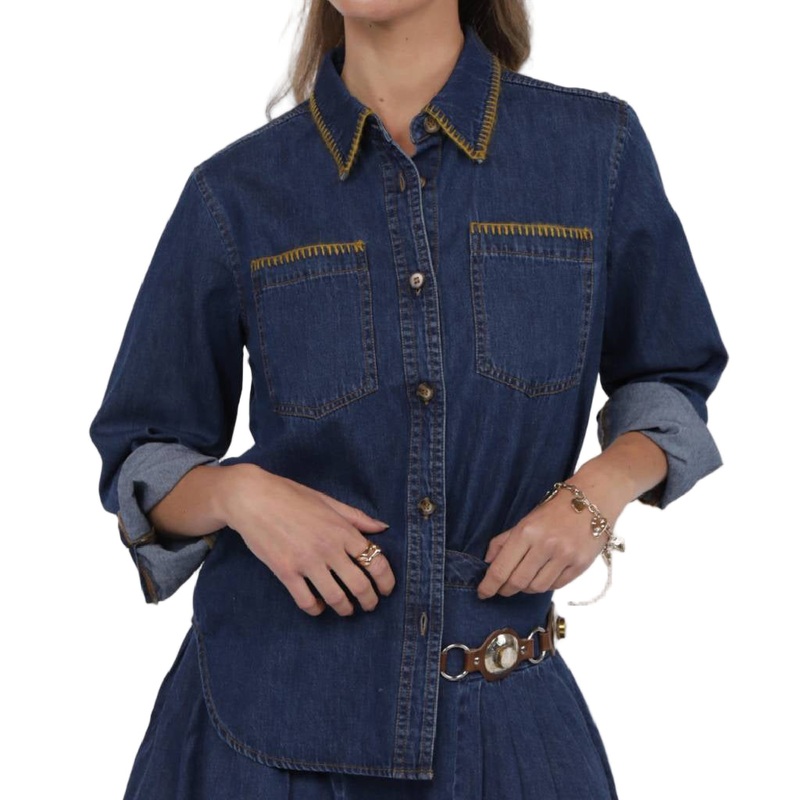 Sage The Label Magnolia Blanket Stitch Denim Shirt