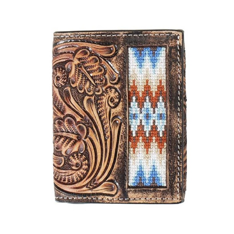 3D Hand Tooled Scroll Trifold Wallet