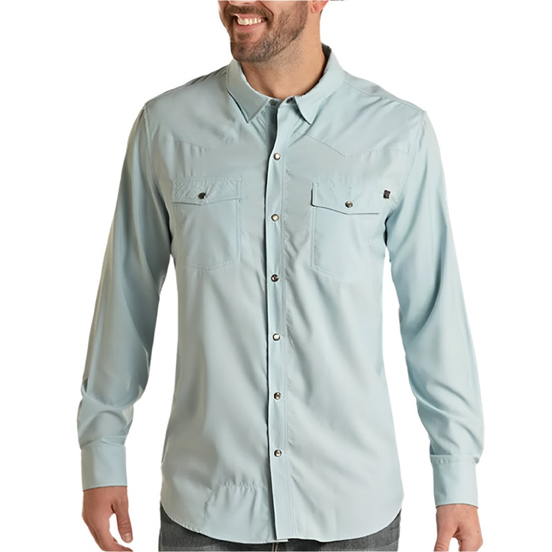 Rock & Roll Denim Men’s Tek Pearl Snap Shirt – Aqua