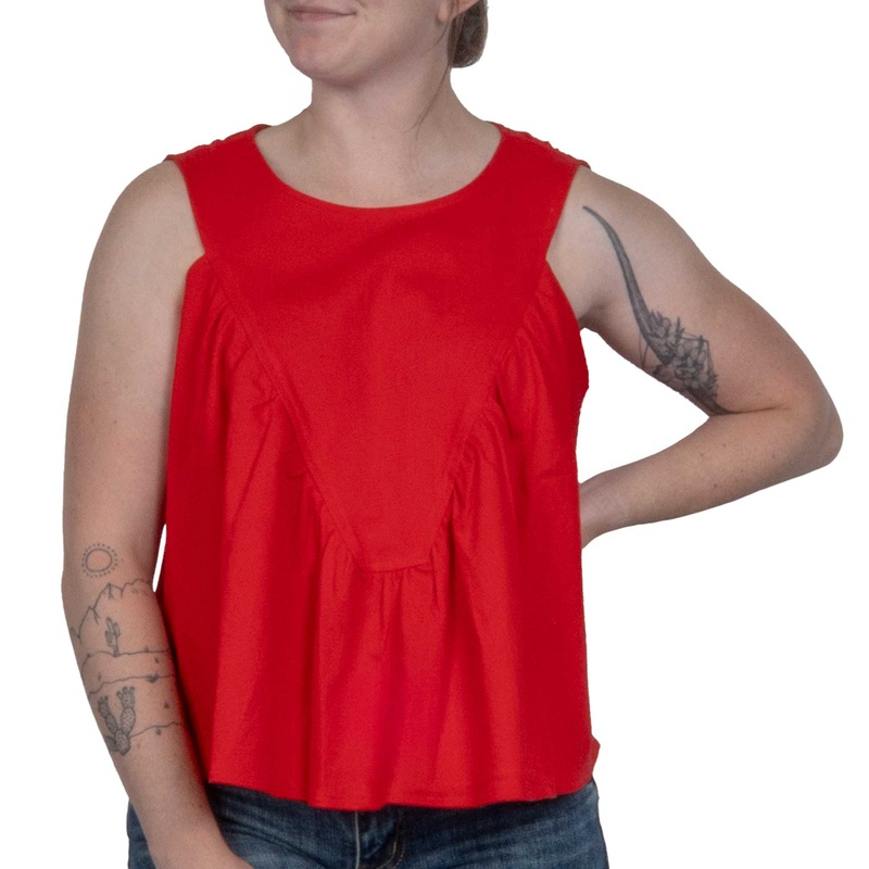 Denim Ruched Sleeveless Game Day Top – Red