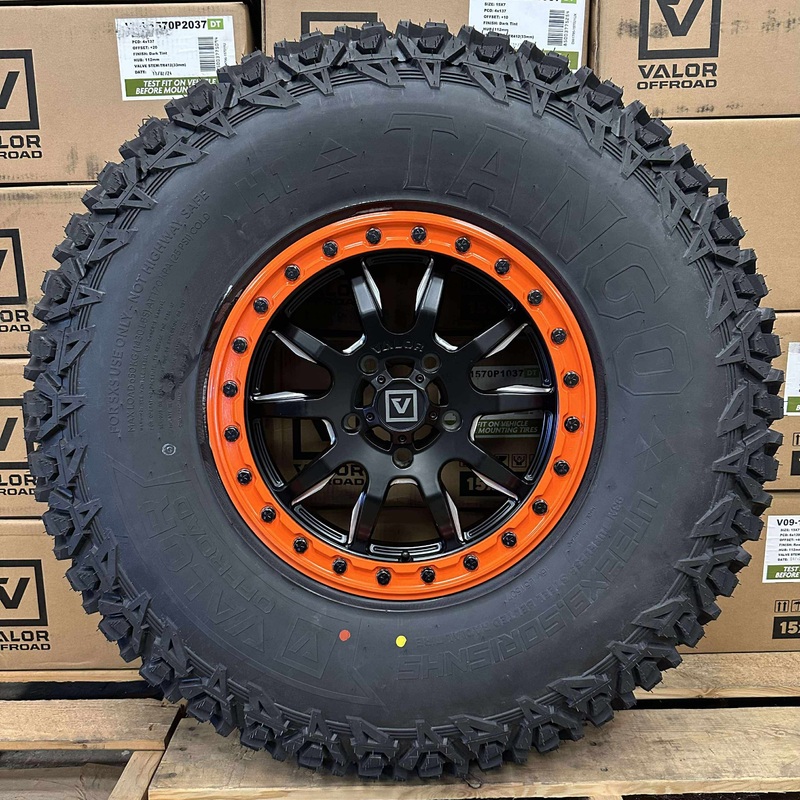 Valor Offroad V15 Satin Black w/ Orange Rings Beadlock Wheels + System 3 XC450 Tires (Mounted Kit)  Satin Black Milled | 5×114.3 Bolt Pattern