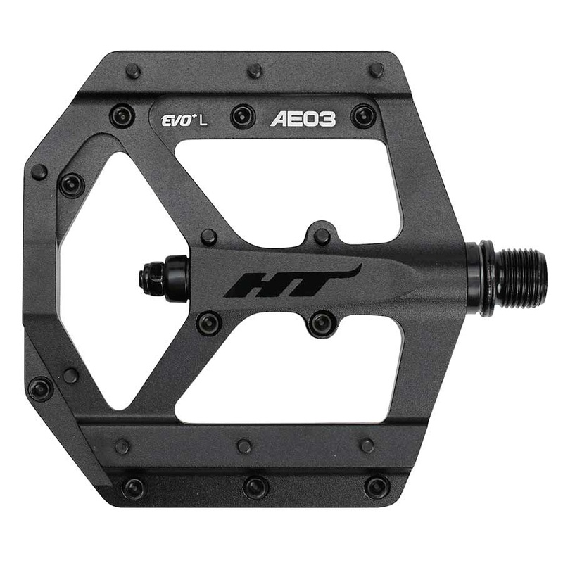 HT Components AE03 EVO+ Platform Pedals Body: Aluminum Spindle: Cr-Mo 9/16” Black/Black Pair