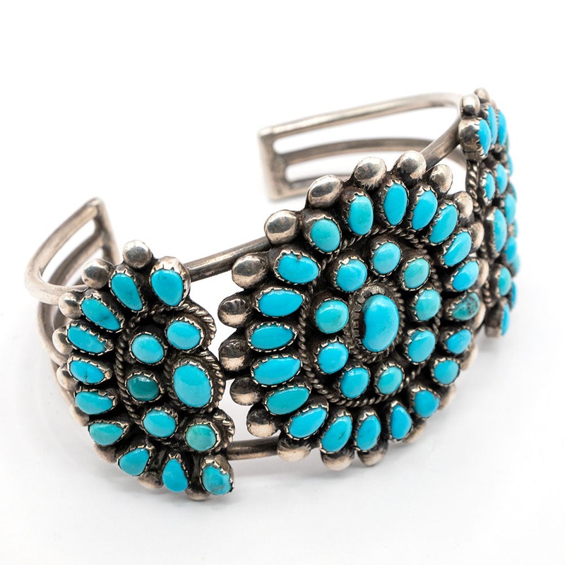 Vintage Zuni Turquoise Squash Blossom Cuff Bracelet