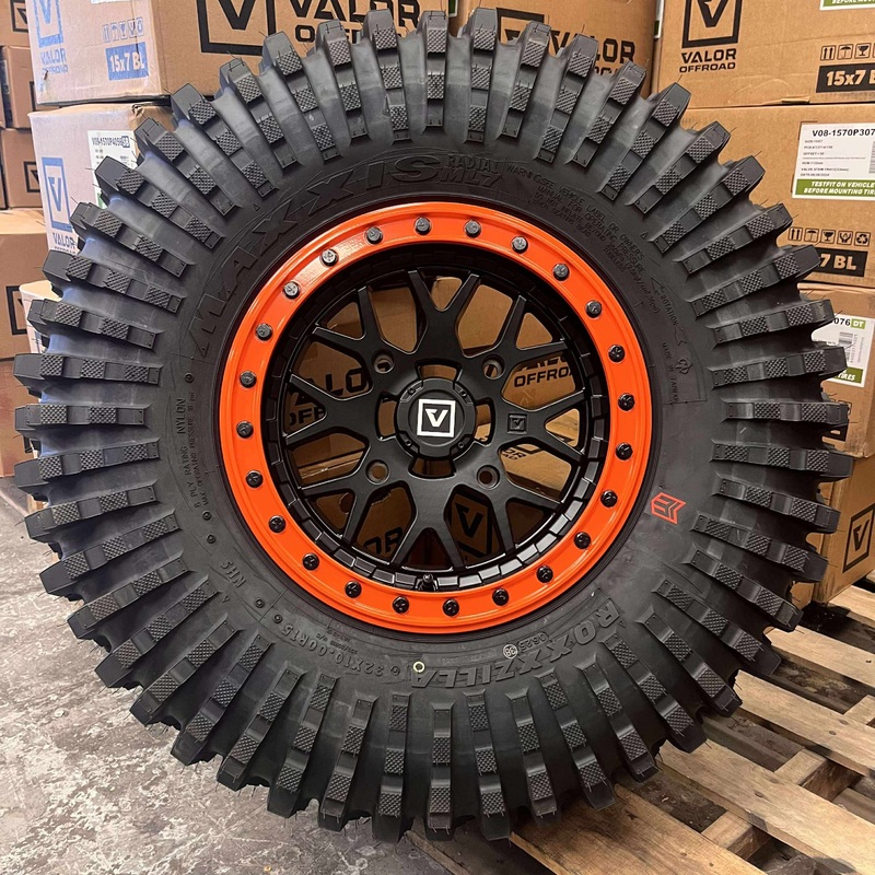 Valor V07 Satin Black w/ Orange Rings Beadlock  + Maxxis Roxxzilla Tires (Mounted Kit)  15×7 | 4/156 Bolt Pattern | Rock-Ready Combo
