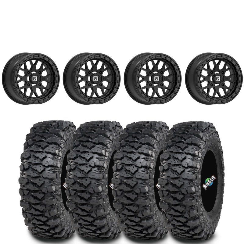 Valor Offroad V07 Satin Black Beadlocks on ITP Savage XT Tires  4/156 Bolt Pattern