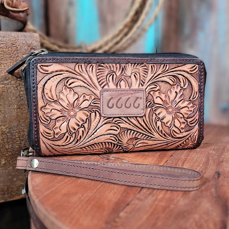 6666 Collection Floral Tooled Leather Wristlet/Clutch