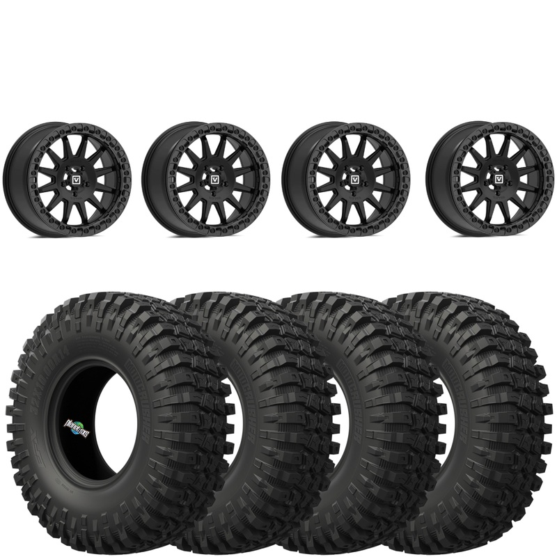 Valor Offroad V09 5/4.5 5+2 Satin Black beadlocks mounted on EFX MotoCrushers