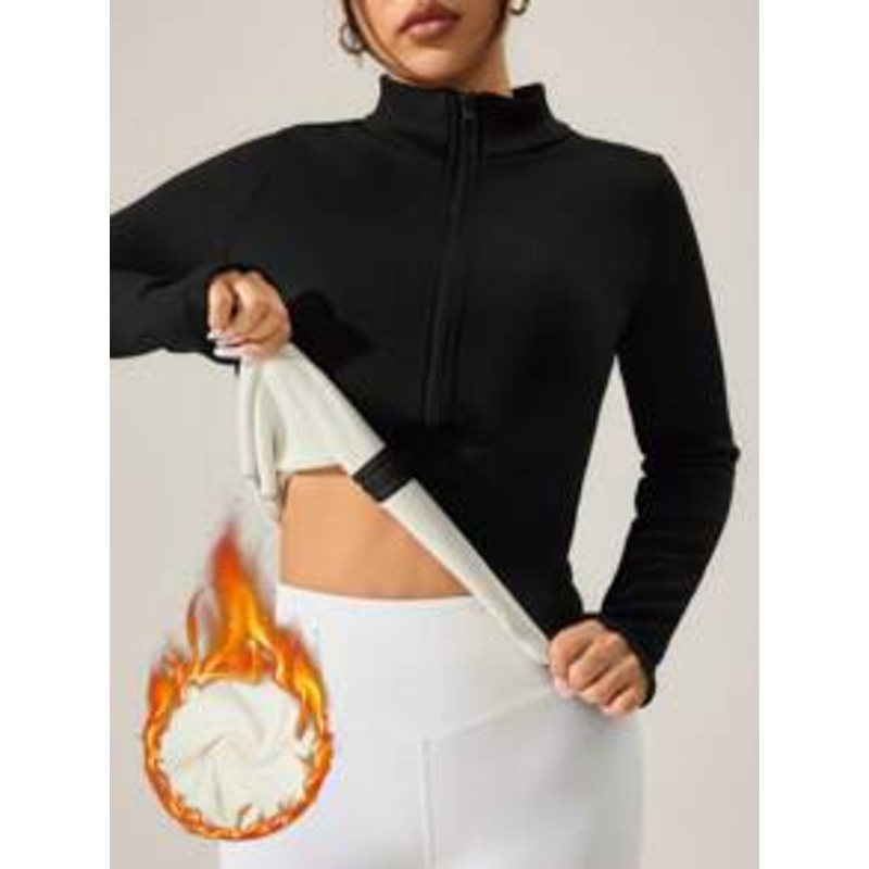 EquiChic Sport Studio Jacket Fitted Fleece ,Casual Solid Color Stand Collar, Black Autumn/Winter