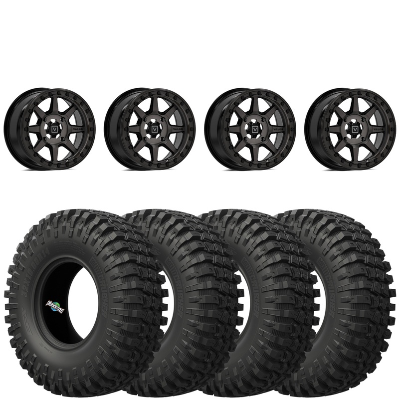 Valor Offroad V13 5/4.5 4+3 Dark Tint beadlocks mounted on EFX MotoCrushers