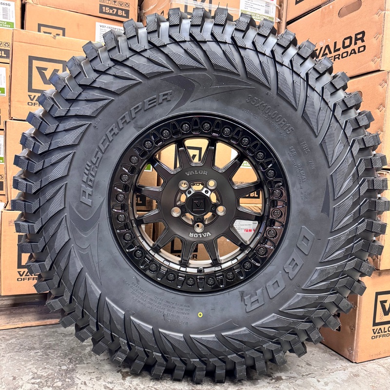 Valor V09 Brushed Charcoal Beadlock Wheels + Obor RocScraper Tires (Mounted Kit) 5/4.5