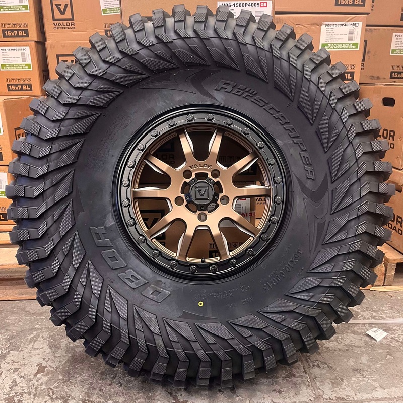 Valor V15 Bronze Beadlock Wheels + Obor Roc Scraper Tires (Mounted Kit)  Fits UTVs with 5/4.5 Bolt Pattern