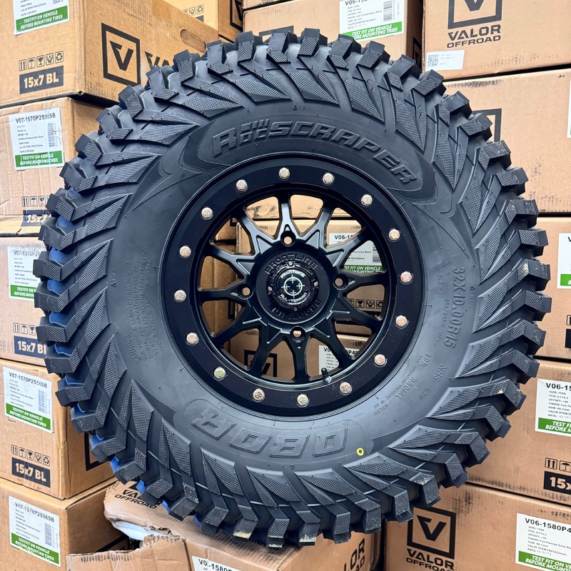 Frontline 223 beadlocks matte black mounted on Obor Roc Scrapers