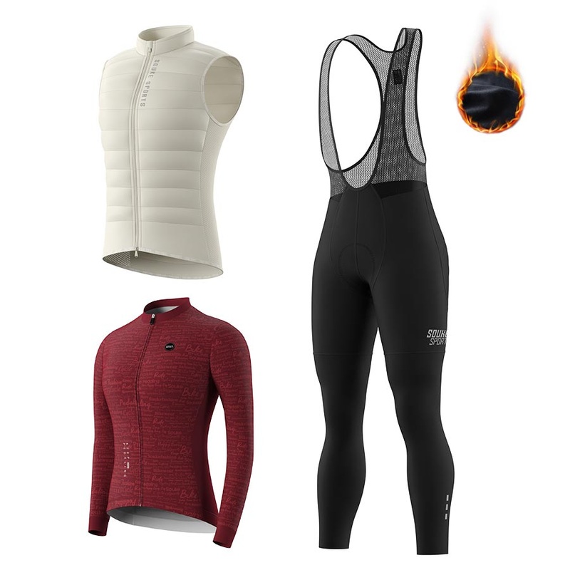 DOWN Cycling Gilet CV2301 +Women’s LS Fleeced Jersey  WJ3207 + Fleeced Bib Tights BL3501 Cycling Sets