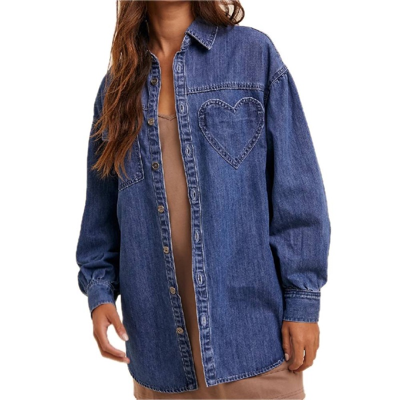 Heart Detailed Oversized Denim Shirt