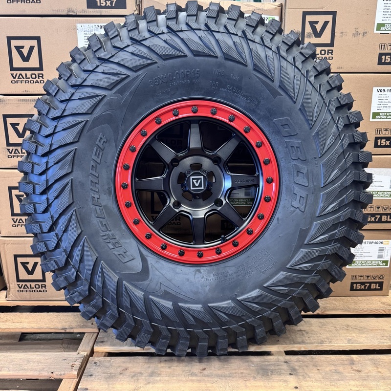 Valor V13 Dark Tint Beadlock Wheels w/ Red Rings + Obor Roc Scraper Tires (Mounted Kit)  4/156