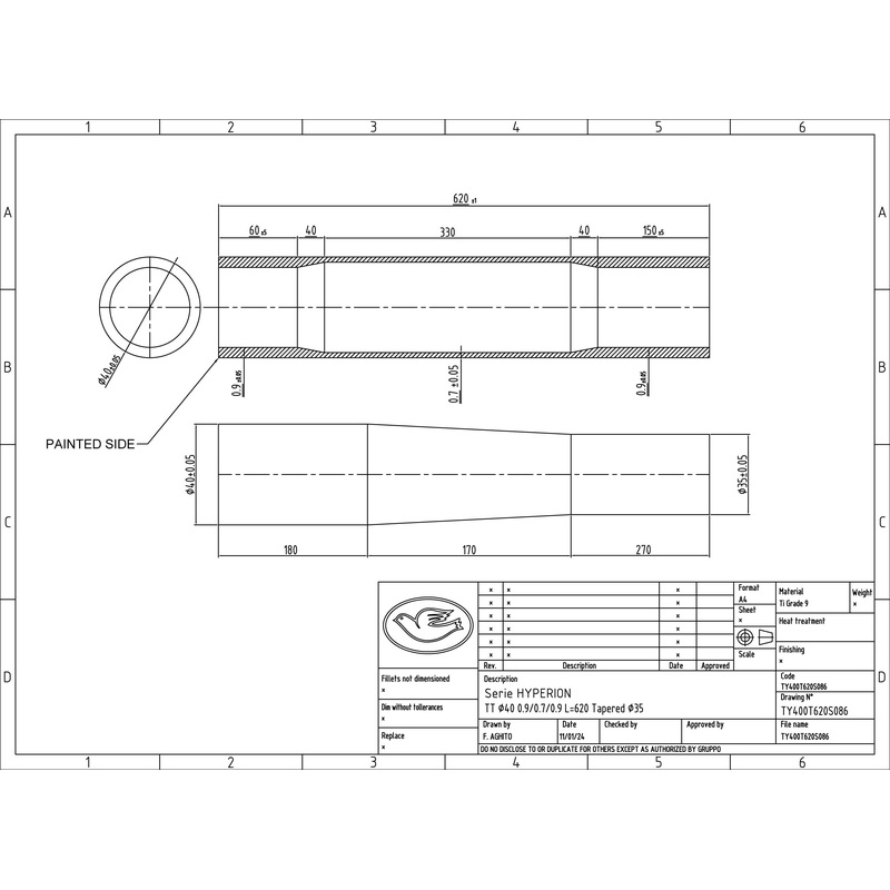 Columbus Hyperion titanium tapered top tube – 40/35 dia. – .9/.7/.9 – length = 620