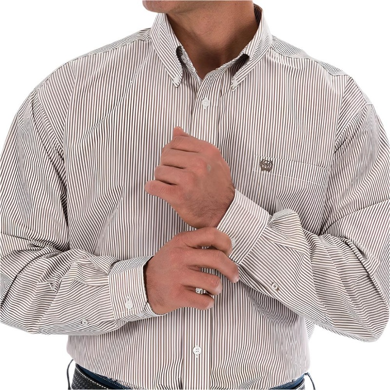 Cinch Men’s Stripe Khaki Button Down Shirt Khaki