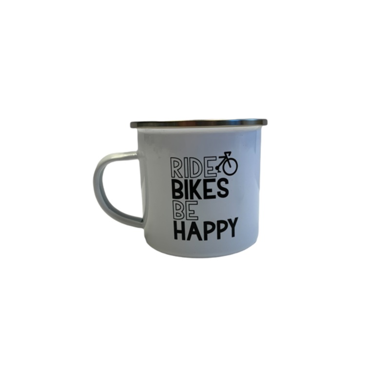 Ride Bikes Be Happy Enamel Camper Mug