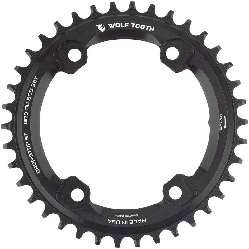 Wolf Tooth Shimano 110 Asymmetric BCD Chainring – 38t 110 Asymmetric BCD 4-Bolt Drop-Stop ST For Shimano GRX Cranks BLK