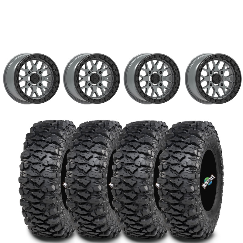 Valor Offroad V07 Beadlock Wheels in Satin Graphite on ITP Savage XT Tires  4/156 Bolt Pattern