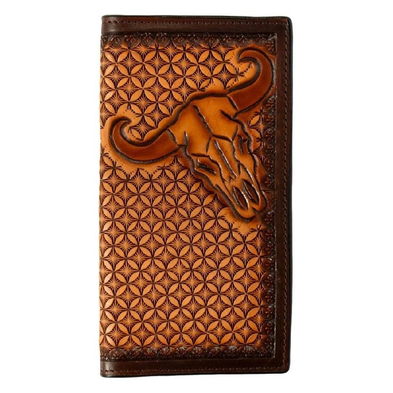 3D Tooled Cow Skull Stained Edge Rodeo Wallet