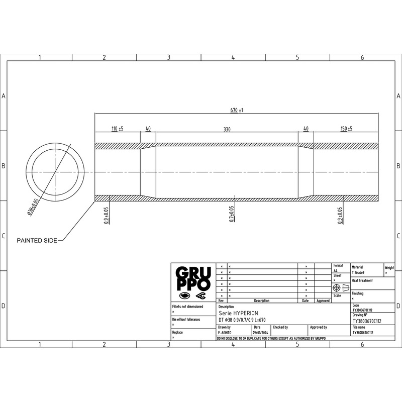 Columbus Hyperion titanium down tube – 38 dia. – .9/.7/.9 – length = 670