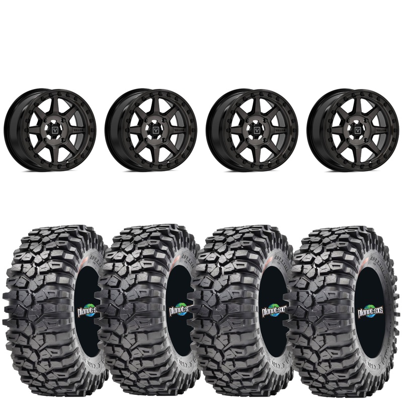 Valor V13 Dark Tint Beadlock Wheels + Maxxis Roxxzilla Tires (Mounted Kit)  15×7 | 4×137 Bolt Pattern | Fits Can-Am X3, Honda Talon & More