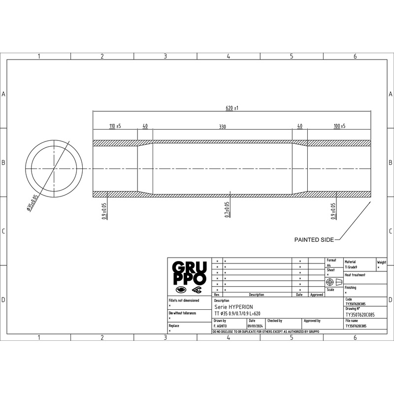 Columbus Hyperion titanium top tube – 35 dia. – .9/.7/.9 – length = 620