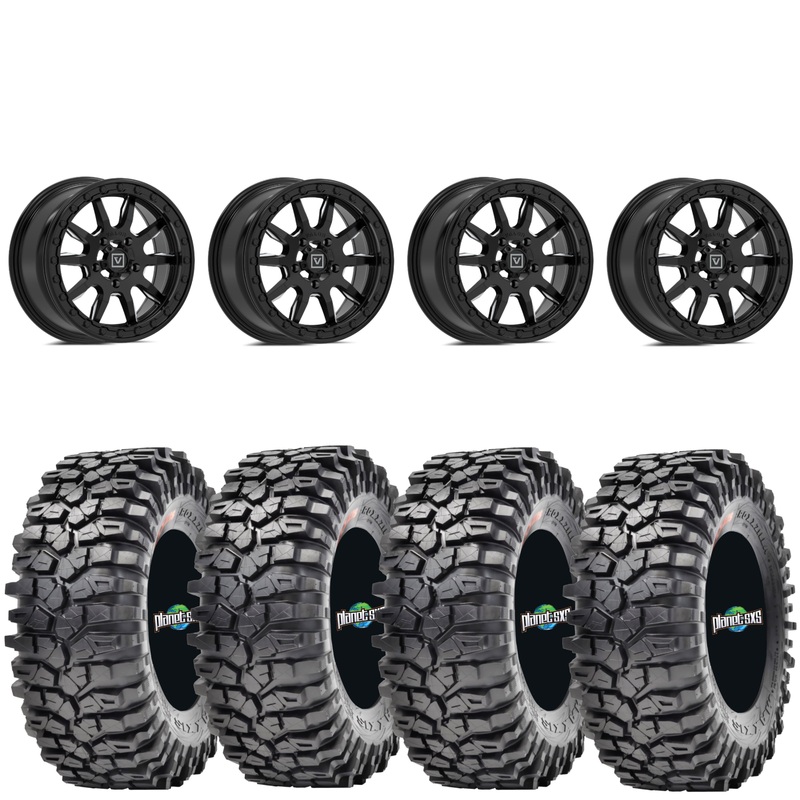 Valor V15 Satin Black Milled Beadlock Wheels + Maxxis Roxxzilla Tires (Mounted Kit)  15×7 | 5×4.5 Bolt Pattern | Fits RZR Pro R, Turbo R, Xpedition, Ranger XD 1500
