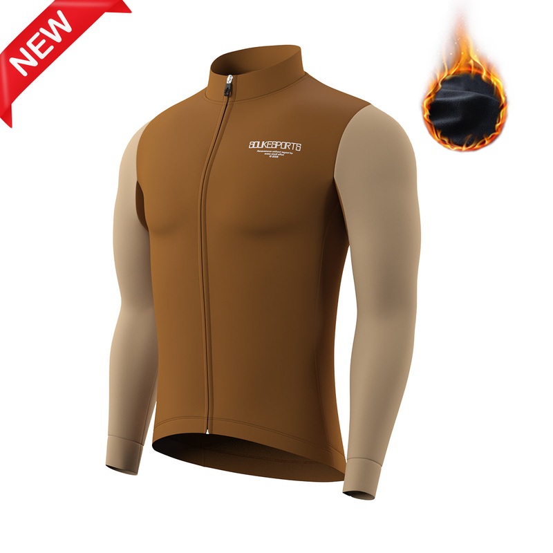 Cycling Long Sleeve Fleece-Lined Jersey Unisex CL1218-Brown