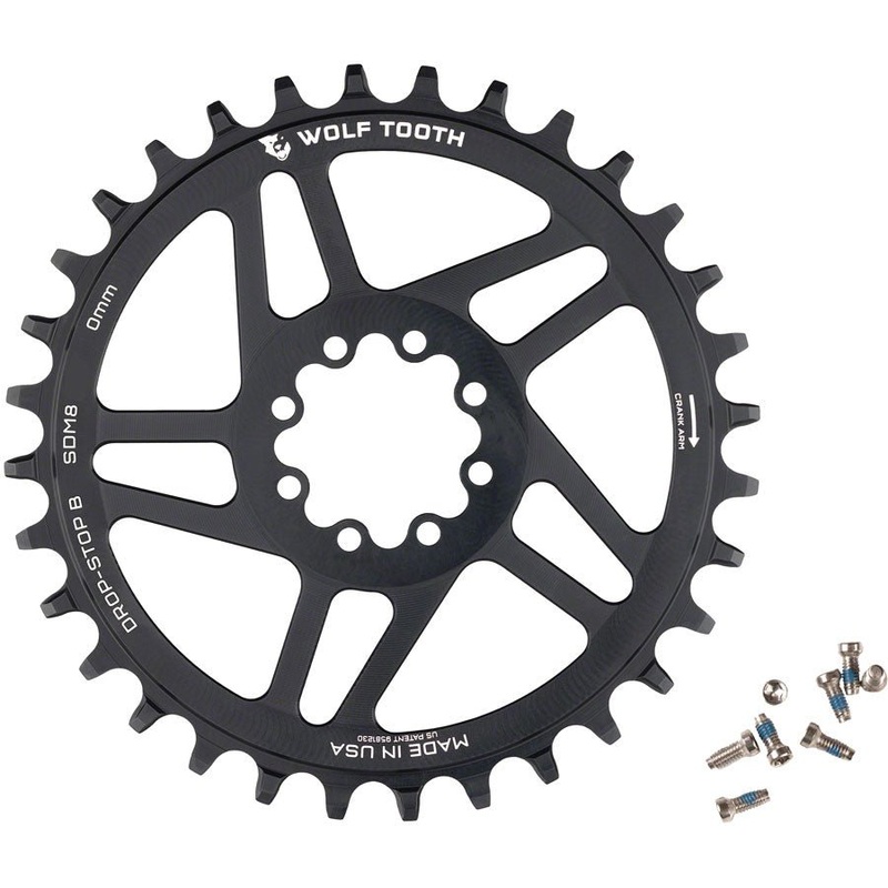 Wolf Tooth Components Chainring – Drop-Stop B – 0mm Offset – SRAM 8-Bolt Direct Mount – 34t – Round – Black