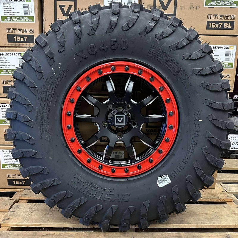 Valor Offroad V15 Satin Black w/ Red Rings Beadlock Wheels + System 3 XC450 Tires (Mounted Kit)  Satin Black Milled | 5×114.3 Bolt Pattern