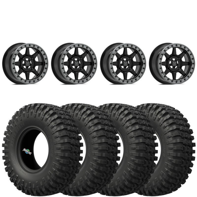 Valor Offroad V13 5/4.5 4+3 Satin Black beadlocks mounted on EFX MotoCrushers