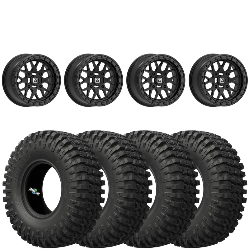 Valor Offroad V07 Beadlock Wheels (Satin Black, 5+2 Offset) on EFX MotoCrusher Tires  4/137 UTV Wheel & Tire Kit