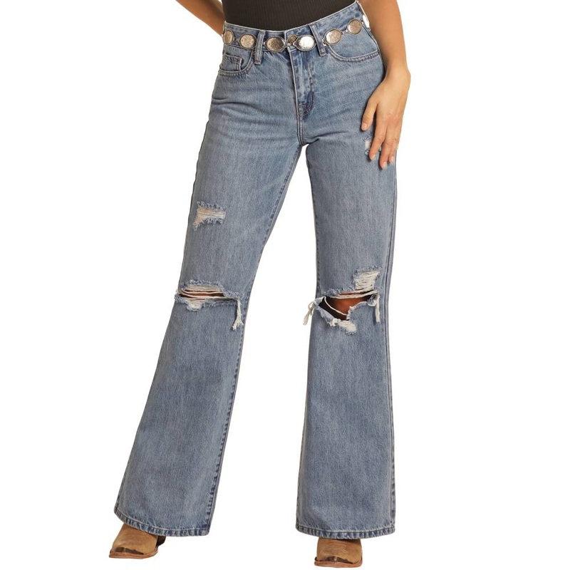 Rock & Roll Denim Women’s High Rise Distressed Flare Jeans