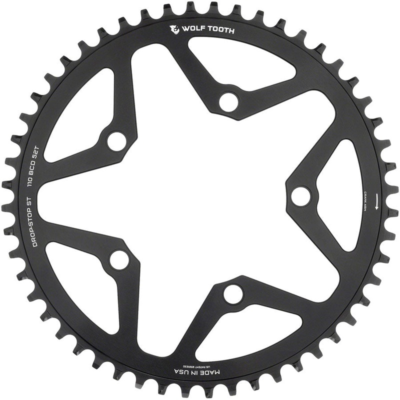 Wolf Tooth 110 BCD Gravel CX Road Chainring – 52t 110 BCD 5-Bolt Drop-Stop ST For Shimano HG+ KMC 12-Speed Chains BLK