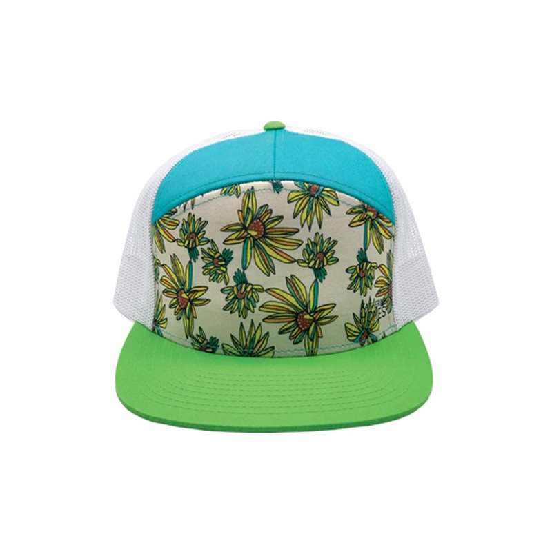 Whorled Sunflowers Trucker Hat Lime, Caribbean Blue/White Trucker
