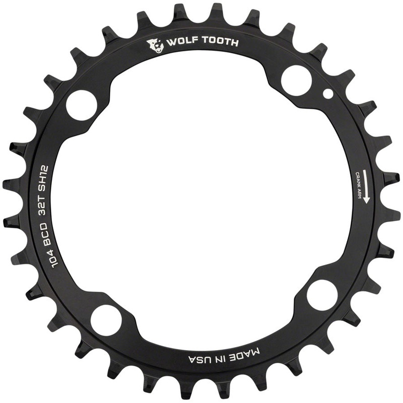 Wolf Tooth 104 BCD Chainring – 32t 104 BCD 4-Bolt Drop-Stop ST Requires Shimano 12-Speed HG+ Chain BLK