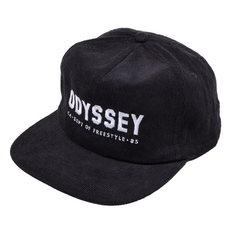 Odyssey Campus 5 Panel Corduroy Snapback Cap – Black with White Stitch