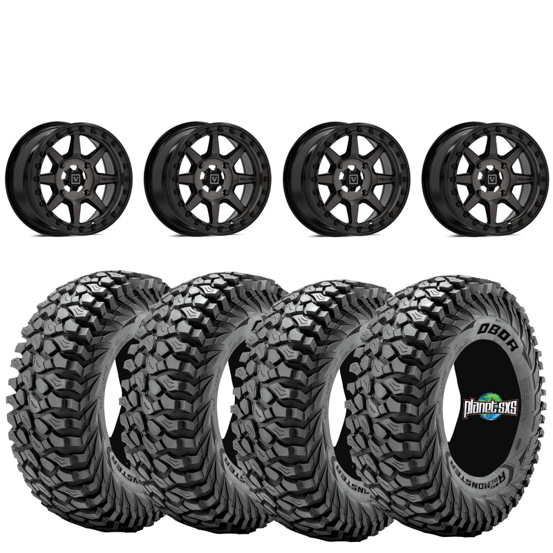 Valor V13 Dark Tint Beadlock Wheels + Obor Roc Scraper Tires (Mounted Kit)  Fits UTVs with 4/137 Bolt Pattern