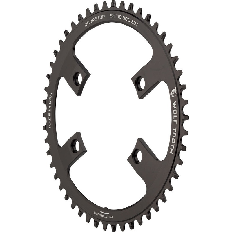 Wolf Tooth Shimano 110 Asymmetric BCD Chainring – 50t, 110 Asymmetric BCD, 4-Bolt, Drop-Stop, For Shimano Cranks, Black