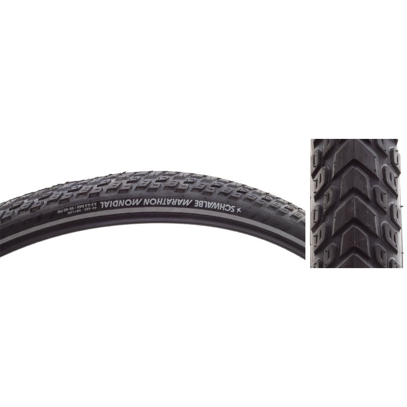 Schwalbe Marathon Mondial Tire – 700 x 42 Clincher Wire BLK/Reflective Performance Line RaceGuard Double Defense Addix