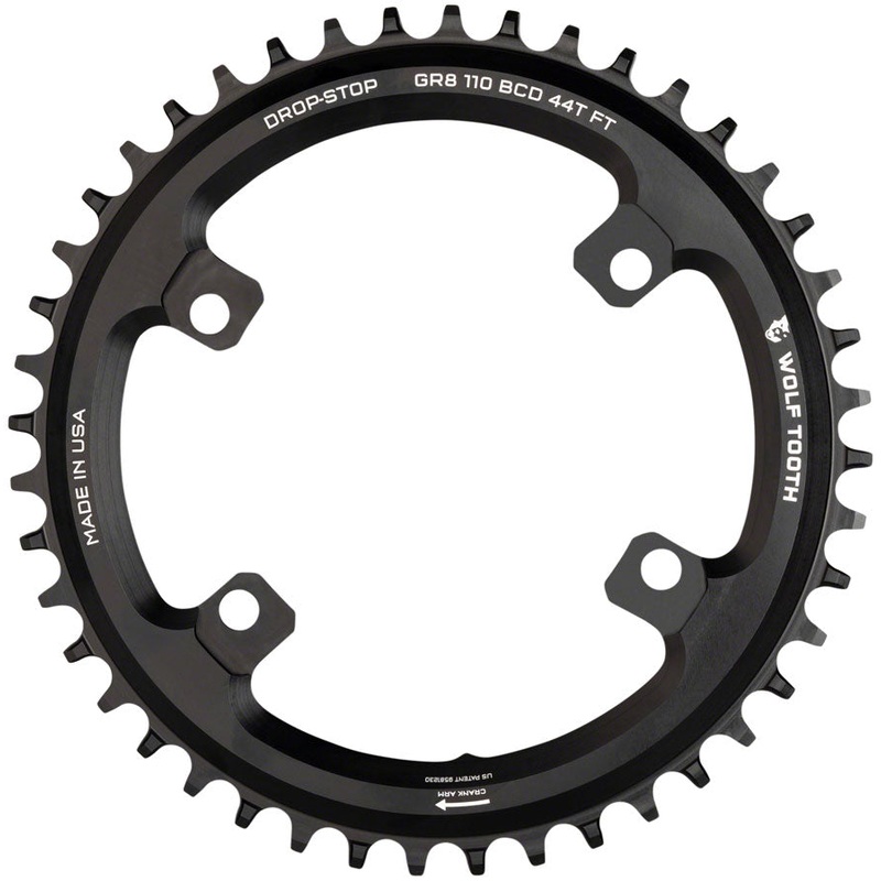 Wolf Tooth Shimano 110 Asymmetric BCD Chainring – 44t, 110 Asymmetric BCD, 4-Bolt, Drop-Stop Flattop, For Shimano GRX Cranks, Black