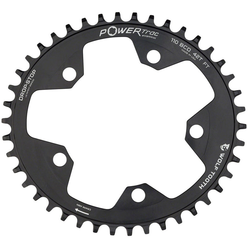 Wolf Tooth Elliptical 110 BCD Chainring – 40t 110 BCD 5-Bolt Drop-Stop 10/11/12-Speed Eagle Flattop Compatible BLK