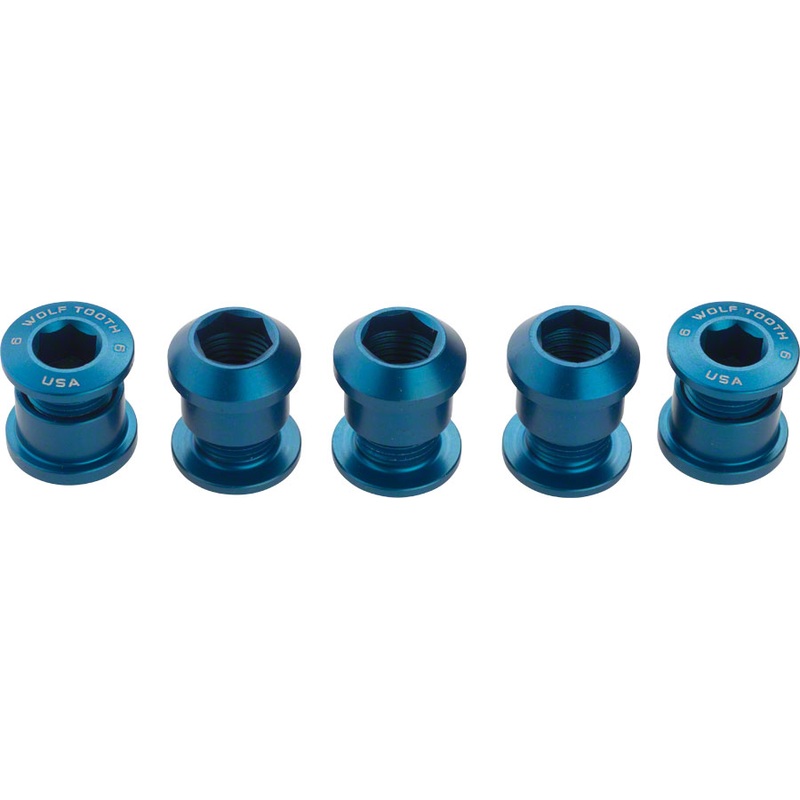 Wolf Tooth 1x Chainring Bolt Set – 6mm, Dual Hex Fittings, Set/5, Blue